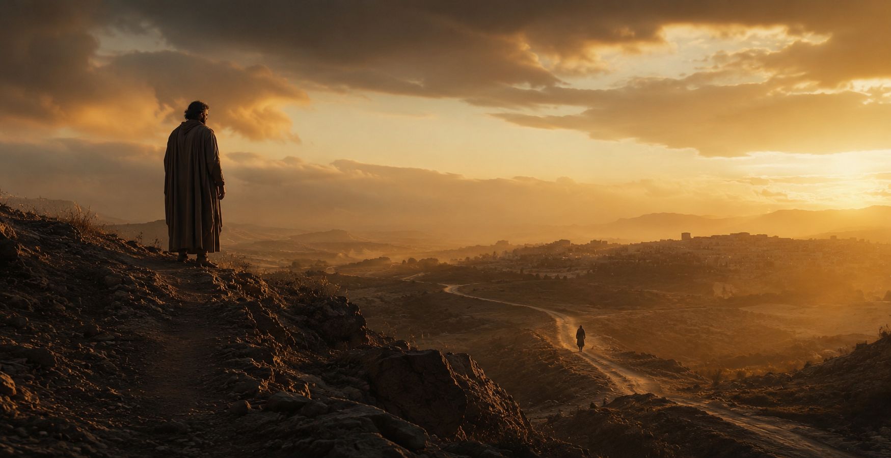 The father stands on a hilltop, watching his son disappear into the distance